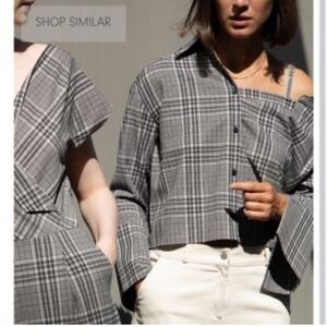 NWT Oak + Fort Off Shoulder Plaid Button Up Blouse Size Large